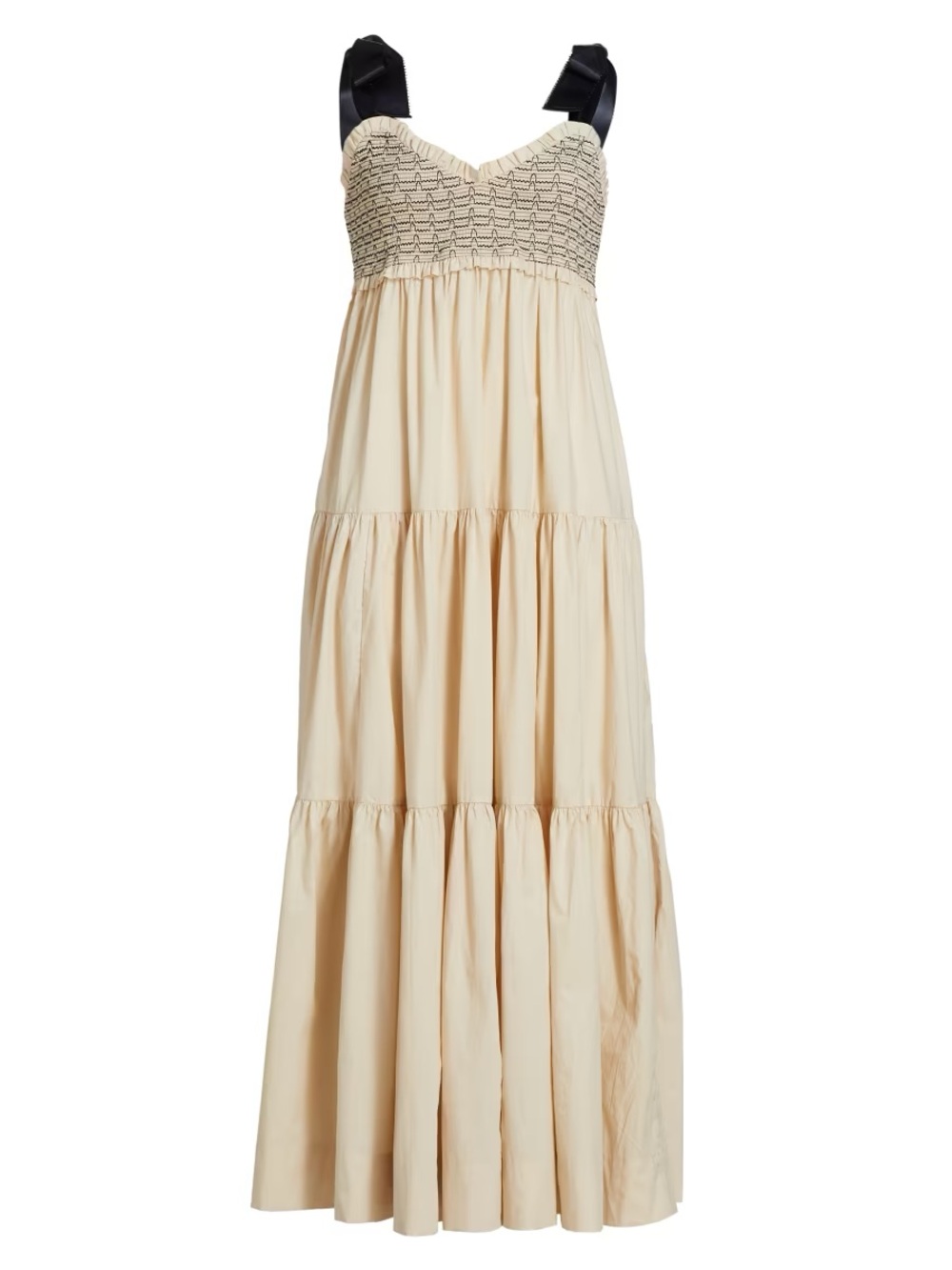 Free People Smocked Tiered Maxi Dress in Cream with Navy Straps